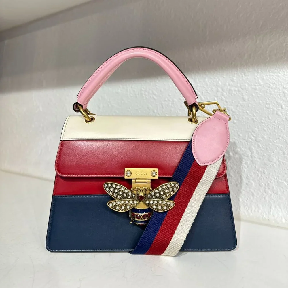 Gucci Tri-Color Leather Queen Bees Top Handle Shoulder Bag Crossbody